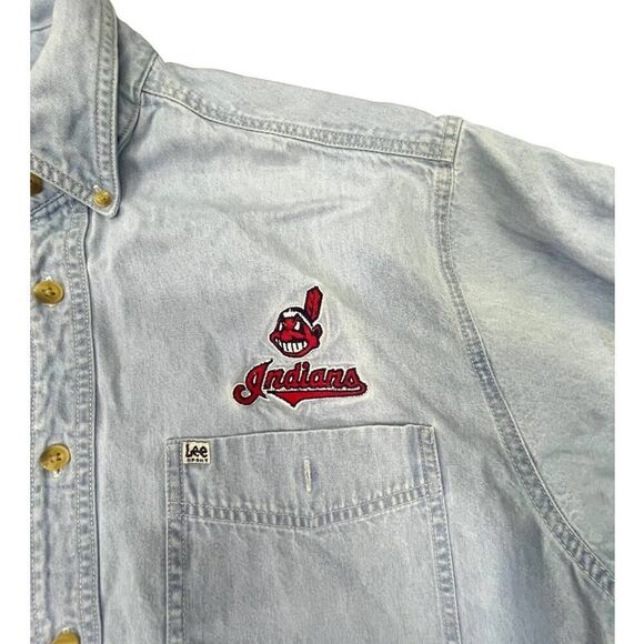 90s LEE Cleveland Indians Denim Long Sleeve Shirt Sz Medium MLB - Picture 5 of 7